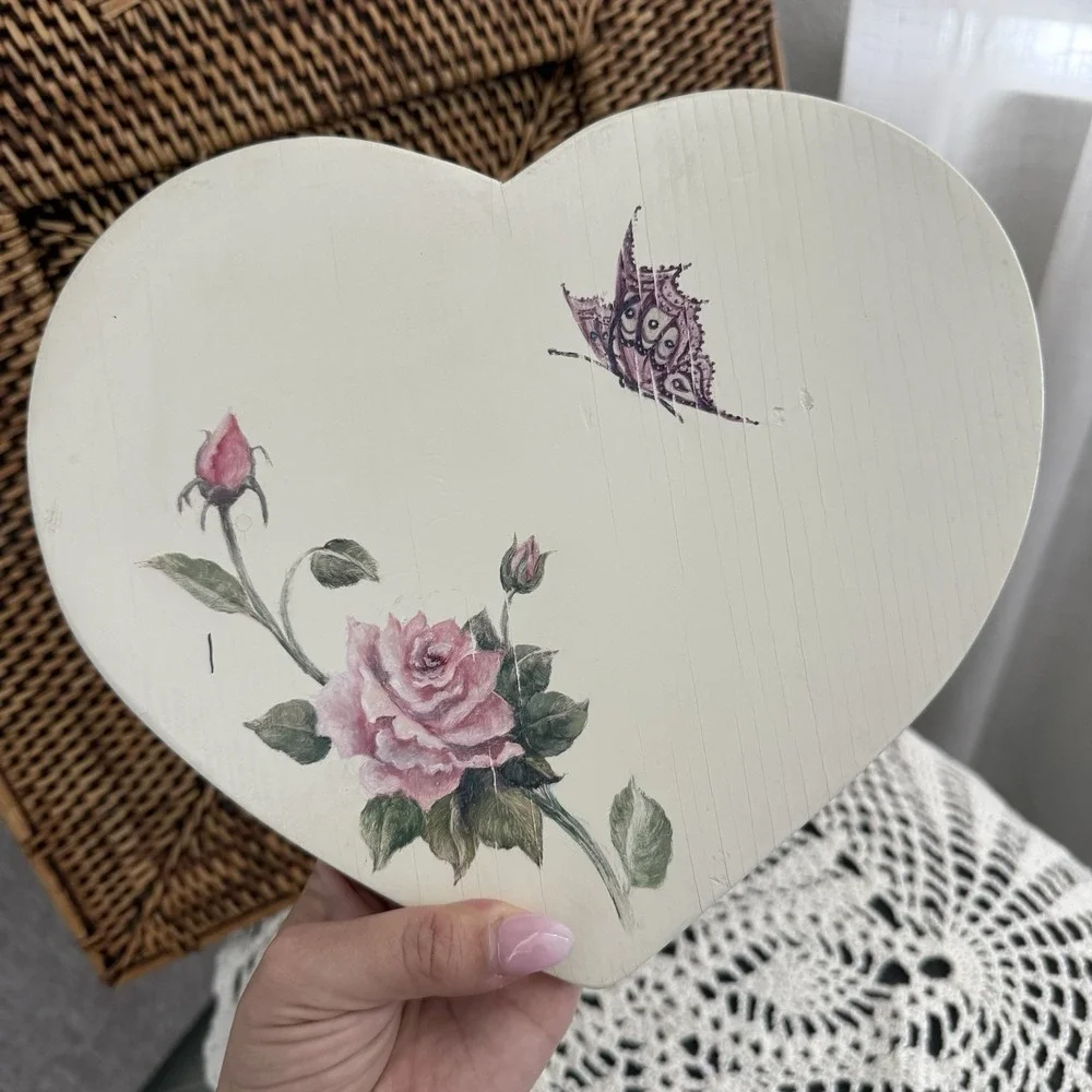 Vintage White Wooden Heart Quilt Wall Hanging Decor Rose & Butterfly Painted 9